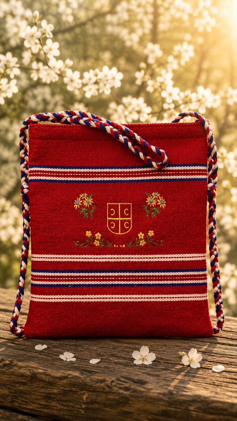 Crvena ručno tkana torba sa izvezenim grbom i žutim cvećem